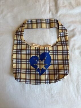 Plaid Yellow Tote with Blue Heart Graphic